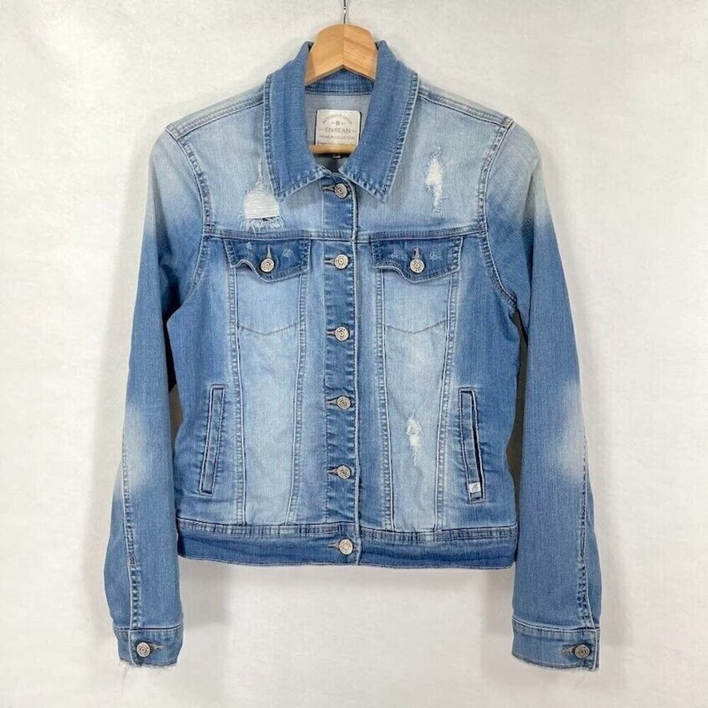 En Jean Distressed Trucker Jean Jacket Y2K School Grunge Retro Durable M